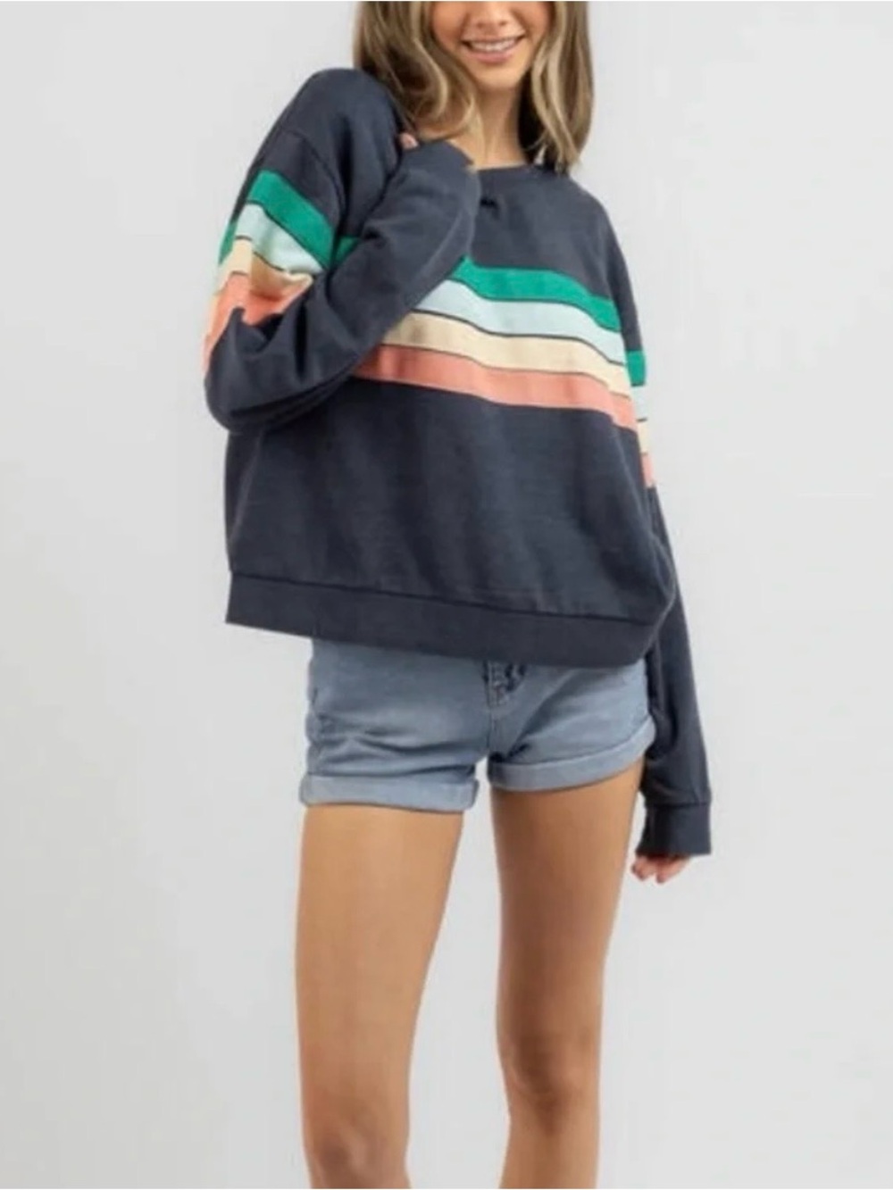 Rip Curl Daybreak Terry Crewneck Sweatshirt, Blue/Green/Orange, NWT, Women’s XS